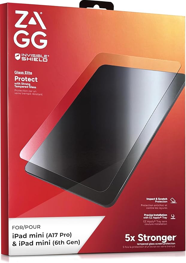 ZAGG Glass Elite iPad Mini 7 &amp 6 Screen Protector 8.3” Tempered Glass – 5X Stronger Scratch Resistant Easy Install Case Friendly Compatible with iPad Mini A17 Pro 2024 &amp Mini 6 2021