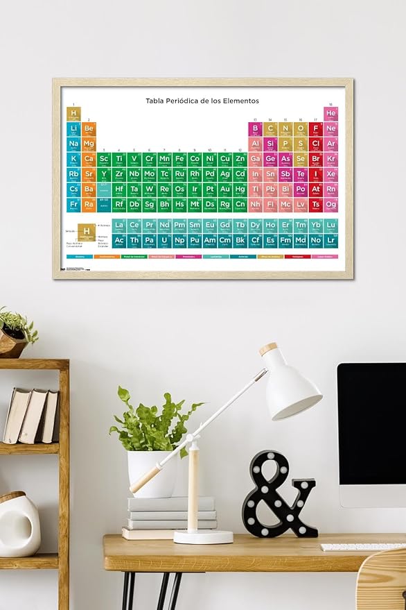Periodic Table Of Elements - Spanish Wall Poster, 34L" x 22.4W", Blonde Framed Version