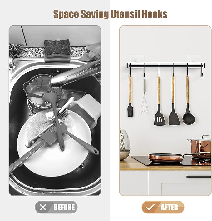 Kitchen Utensil Hanger, Adhesive Utensil Holder Wall Mount Kitchen Rack Rail with 12 Hooks, Space Saving and No Drilling, Black, 2 Pcs