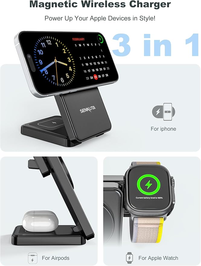 Wireless Charger Charging Station for Apple: 3 in 1 Wireless Charger Multiple Devices for iPhone 16/15/14/13/12 - Fast Travel Charger Stand for Apple iWatch Ultra 5/4/3 AirPods Pro 4/3/2(18W Adapter)