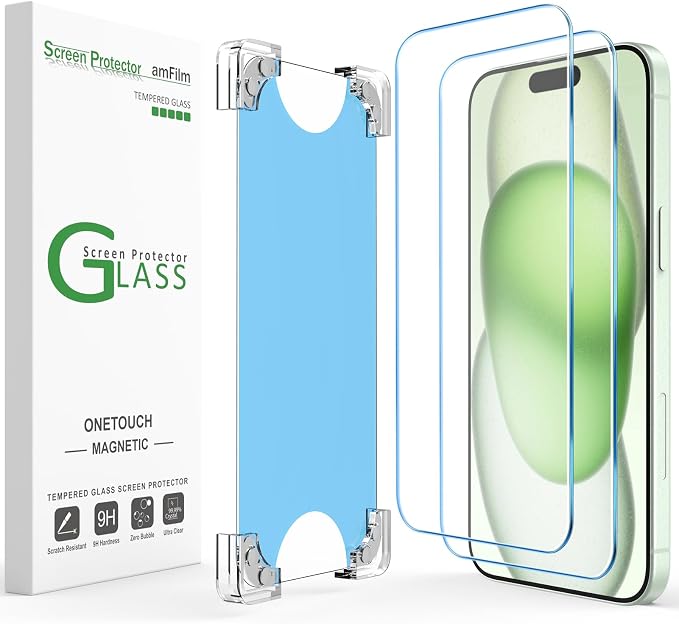 amFilm 2 Pack Magnetic OneTouch Compatible with iPhone 13 Pro Max 6.7/ iPhone 14 Plus 6.7 Screen Protector Tempered Glass Full Coverage with Easy Installation Kit (Magnetic &amp Reusable)