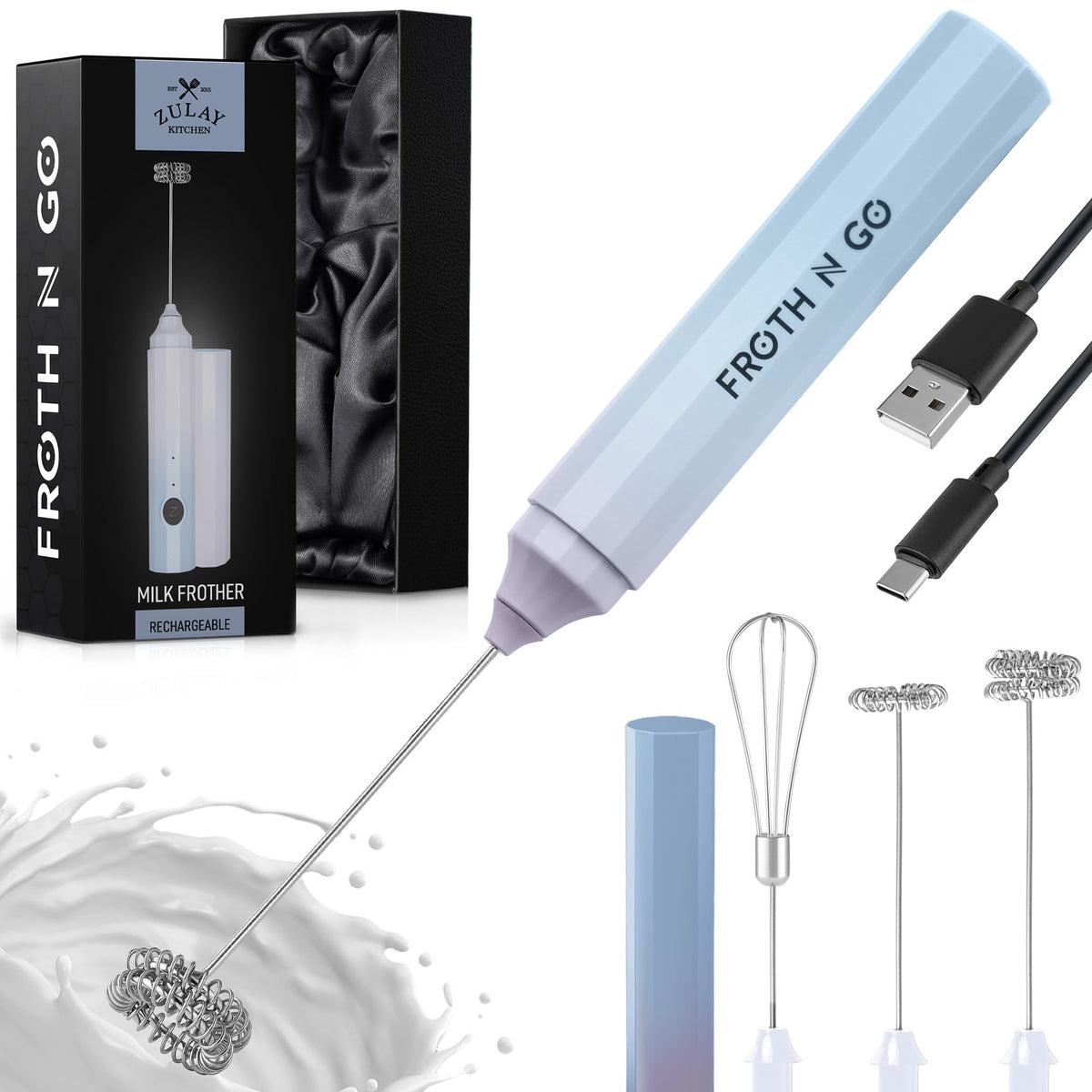 Zulay Powerful Milk Frother for Coffee with Upgraded Titanium Motor - Handheld Electric Whisk, Milk Foamer, Mini Mixer & Coffee Blender for Frappe, Latte, Matcha, No Stand - Pristine Teal
