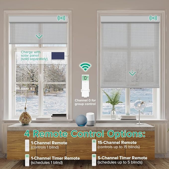 Kilonity Motorized Roller Shades, Light Filtering Remote Control Custom Window Shades Compatible with Alexa Google Assistant via RF Hub, Rechargeable Electric Blinds for Windows (Fireproof Grey)