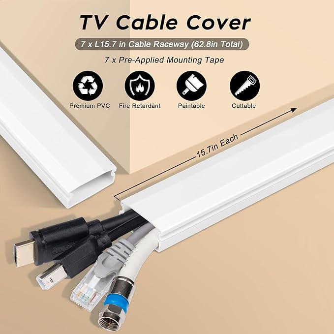 YCLYC 110in Cord Covers for Wires on Wall Kit, Large Cord Hider Wall Kit, Wire Covers for 3-4 Cords on Wall, White TV Cable Hider Cable Raceway, Simple Setup Wire Hider, W1.2 X H0.6in