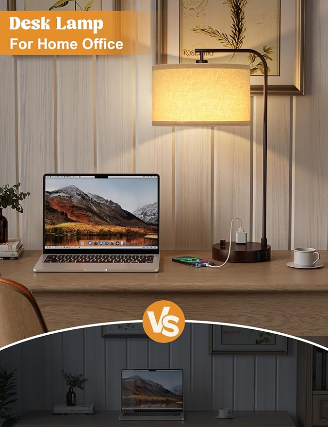 Innqoo Brown Side Table Lamp with USB Port and Outlet, Dimmable Nightstand Bedside Lamps with Linen Lampshade, Desk Lamp for Bedroom, Living Room, Guest Room, Home Office, LED Bulb Included