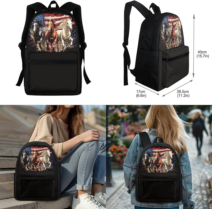Horse Backpack for Girls Boys Kids with Lunch Box American Flag School Bag Pencil Case Middle School Bookbag Set Elementary Kindergarten Preschool Schoolbag Back Pack