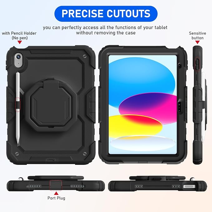 Case for iPad (A16) 11th/10th Generation 11/10.9 2025/2022 Black | Full-body Heavy Duty iPad A16 Case for Adults Kids with Screen Protector 360° Rotating Stand Shoulder Strap Pencil Holder