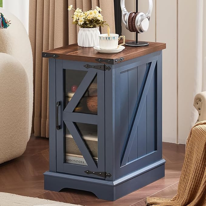 Farmhouse Coffee Table Sets 2 Pieces, Narrow Night Stand with Glass Barn Door Storage, Large Coffee Tables with Hidden Storage Organizer, Wood Furniture Sets for Living Room, Office, Blue