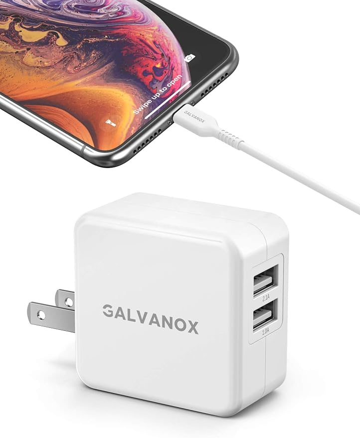 Galvanox iPhone Charger - 10W USB Wall Plug with MFi Apple Certified Lightning Cable (Dual Port)