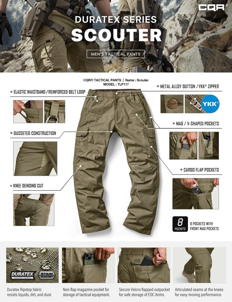 CQR Men's Tactical Pants, Water Resistant Ripstop Cargo Pants, Lightweight EDC Work Hiking Pants, Outdoor Apparel, Raider Soil Green, 30W x 30L