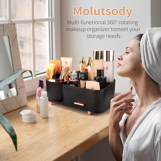 Makeup Organizer for Vanity, Cosmetic Display Case with Drawers, Fits Makeup, Skincare Products, Brushes, Lipsticks, and Other Accessories, Versatile Storage Solution (Black)