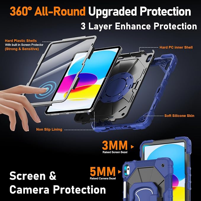 Case for iPad A16 11th/10th Generation 11/10.9 Inch 2025/2022 Dinines Full-Body Drop Protection Shockproof iPad a16 Case with Screen Protector 360° Rotating Stand Shoulder Strap Pencil Holder Black