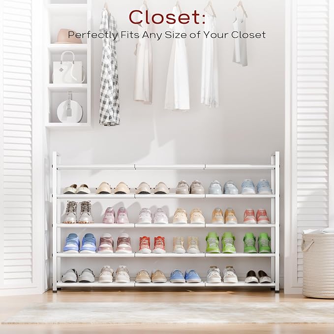Bumusty 5-Tier Long Expandable Shoe Rack for Closet, 18"-44" Adjustable Shoe Rack for Entryway, 25-30 Pairs Large Shoe Organizer Shelf Storage, Sturdy Metal, White