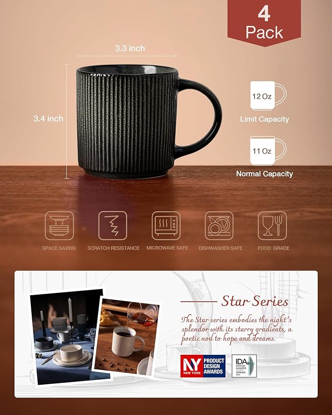 famiware Coffee Mug Set for 4, Star 12 oz Catering Mugs Cup Set with Handle for Coffee, Tea, Cocoa, Milk - Ceramic Stoneware Drinkware Set, Deep Forest