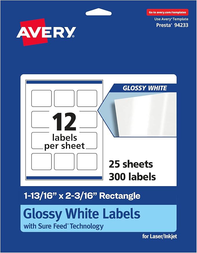 Avery Glossy White Rectangle Labels, Sure Feed Technology, 1-13/16" x 2-3/16", 300 Glossy White Labels, Print-to-The-Edge, Permanent Adhesive, Laser/Inkjet Printable