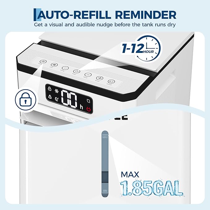Portable Evaporative Air Cooler, 1.84Gal Touch Screen Cooler Fan with Remote Control, 3 Speeds 3 Modes LED Display, Ice Packs & Rolling Casters Included, Quiet 3-in-1 Cooling for Bedroom Home Office