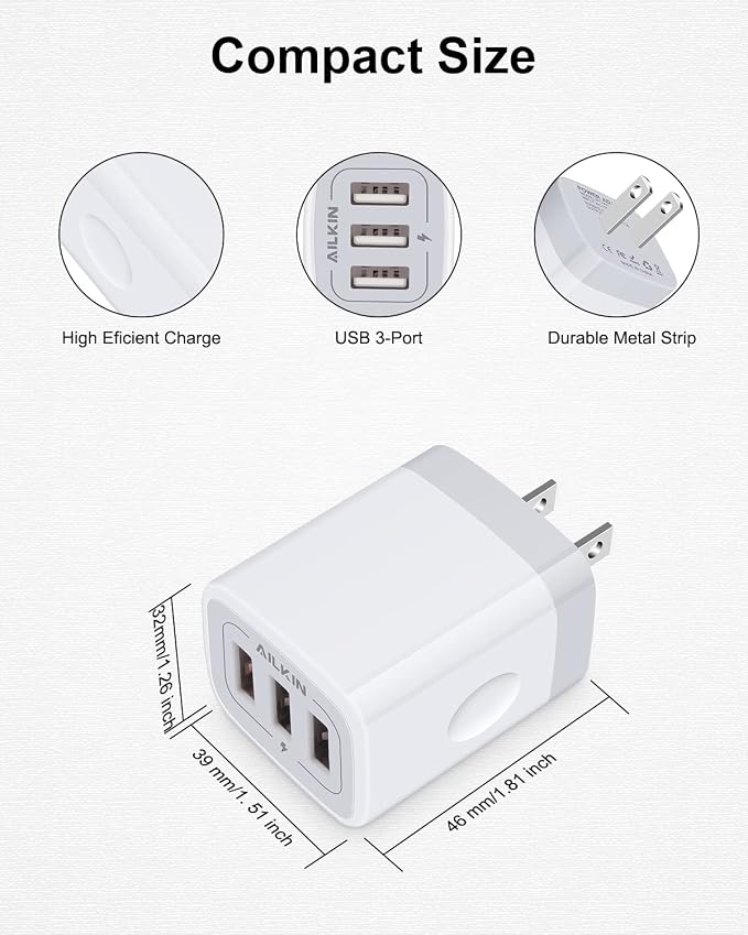 Wall Charger AILKIN 3.1A MultiPort Fast Charger Plug Travel Home Power Adapter Quick Charging Block Base Boxed for iPhone 15 14 13 12 11 10 8 7 Pro Max Mini Samsung Galaxy Pixel Kindle USB Brick