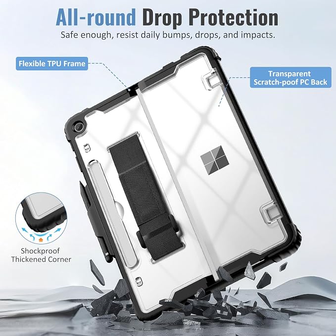 TiMOVO Case for Microsoft Surface Pro 12 Inch 2025 Black | Pen Holder Rugged Clear Back Protective Cover Removable Hand Strap Compatible with Type Cover Keyboard