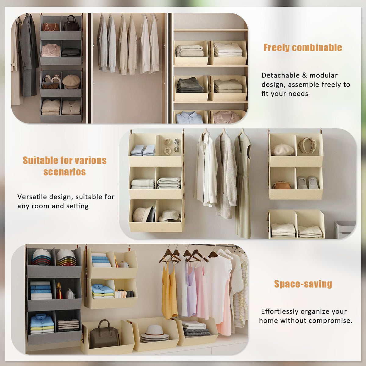WHEEXIAG Hanging Closet Organizer, Closet Organizers and Storage, Hanging Closet Organizer Extra Large - Fabric Closet Hanging Organizer for Home, Dorm, Rv,Handbags, Underwear, Sock. Beige - 1 Pack