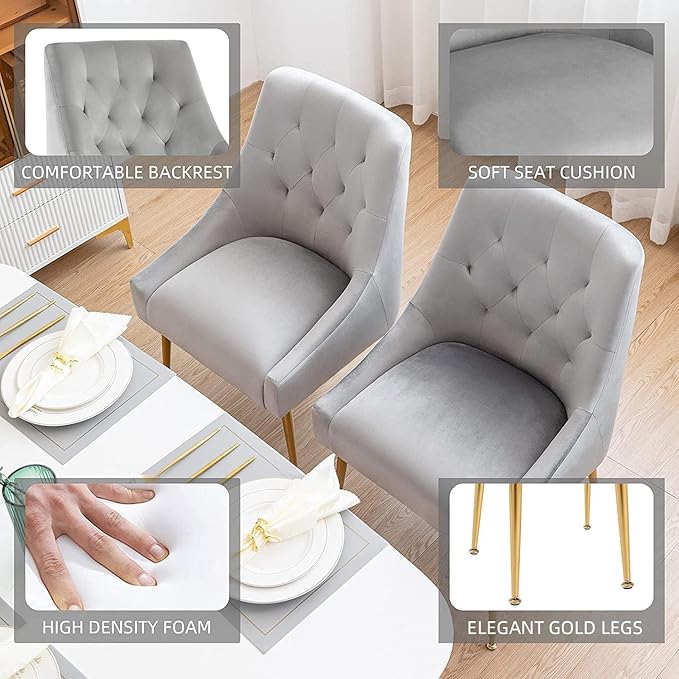 Modern Dining Chairs Set of 4, Mid Century Dining Chairs with 5.12” Cushions and Golden Legs, Velvet Upholstered Chairs with Back Pull Rod, for Kitchen, Living Room, Grey