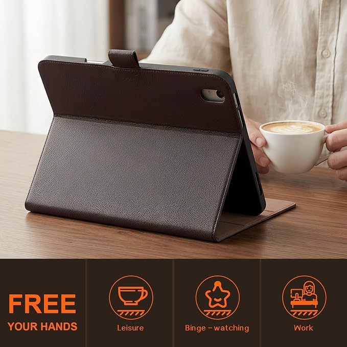 Leather Case for iPad 11th/10th Gen (11/10.9) Black | Genuine Leather Pencil Holder Adjustable Stand Magnetic Closure Auto Wake/Sleep