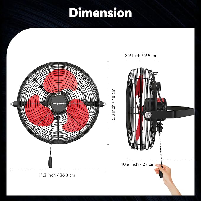 Fanqiebros 12 IN High Velocity Wall Mount Fan, 3 Speed Industrial Wall Fan with Sealed Motor, 2500 CFM Adjustable Air Circulator for Garage, Commercial, Greenhouse, Warehouse & Gazebo Use, UL Listed