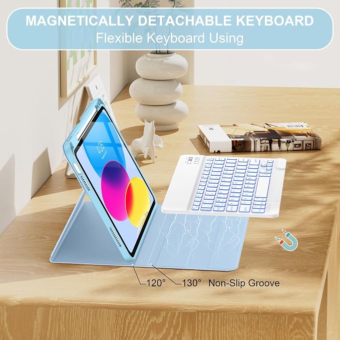 Soke for iPad (A16) 11th/10th Gen Case with Keyboard Black Marble | For iPad 11/10.9 inch(2025/2022) 7 Color Backlight Magnetic wireless Detachable Keyboard Case Built-in Pencil Holder