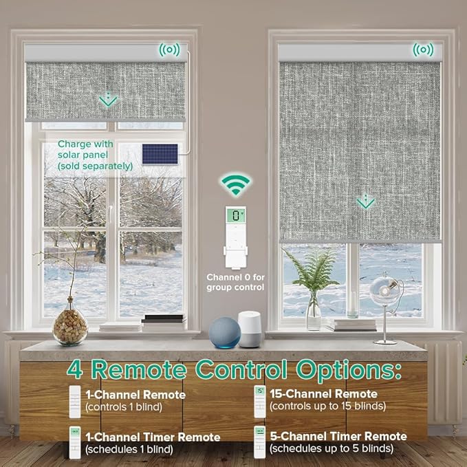 Kilonity Motorized Roller Shades, Light Filtering Remote Control Custom Window Shades Compatible with Alexa Google Assistant via RF Hub, Rechargeable Electric Blinds for Windows (Dark Grey)