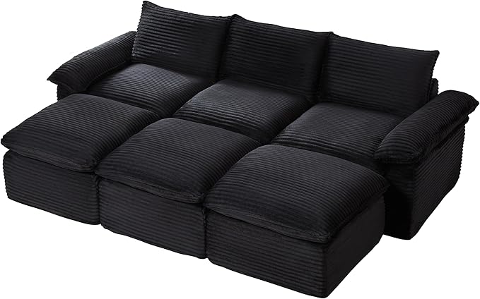 111" Cloud Sectional Couch, Corduroy Sectional Sofa with Ottoman, Boneless Couch with Deep Seat in a Box for Living Room, No Assembly Required (Black)
