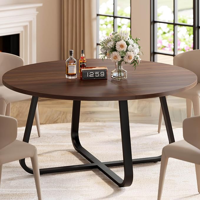 LVB Round Dining Table, Modern Wood Metal Kitchen Tables, Industrial Small Dinner Room Table for 4 to 6 People, Circle Coffee Dining Room Tables for Home Kitchen Living Room, Walnut, 51 Inch