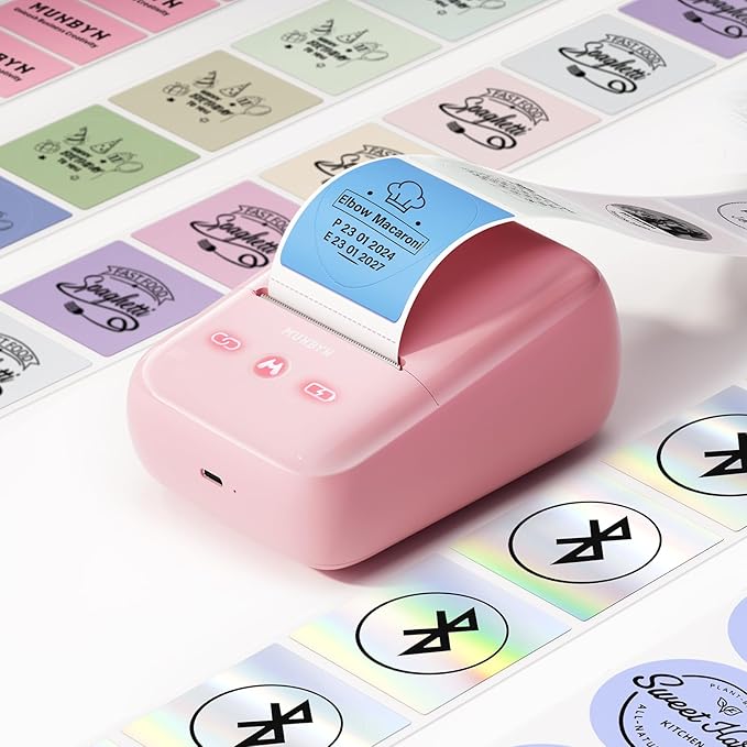 MUNBYN 5-in-1 Label Maker Machine – Bluetooth Thermal Label Printer for Stickers & Barcodes, App-Connected, Multiple Templates, No Subscription, Portable for Small Business, Home&Crafts, Pink