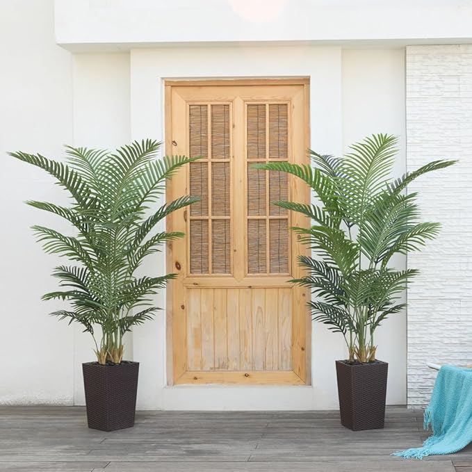6FT Artificial Palm Tree - Tall Fake Tree with Brown Taper Planter & Pebbles, UV Resistant for Indoor & Outdoor Decor - Large Potted Faux Plant for Living Room, Office, Home Decor,VN130