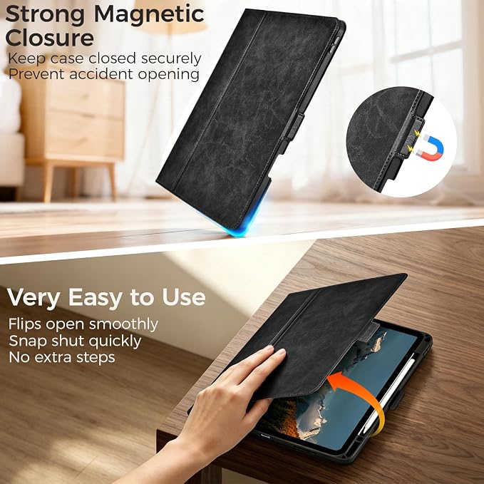 for iPad Pro 13 Inch Case M5/M4 (2025/2024) Black | Slim LightweightPremium Vegan Leather CoverPencil HolderAuto Sleep/WakeMulti Viewing AngleTyping AngleMagnetic Clasp