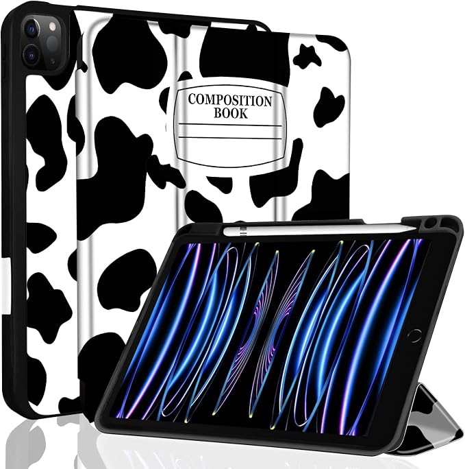 for iPad Pro 11 Inch Case 2022(4th Gen)/2021(3rd Gen)/2020(2nd Gen) with Pencil Holder TPU Shockproof Frame and Protective Leather Cover [Auto Sleep/Wake] Black Cow