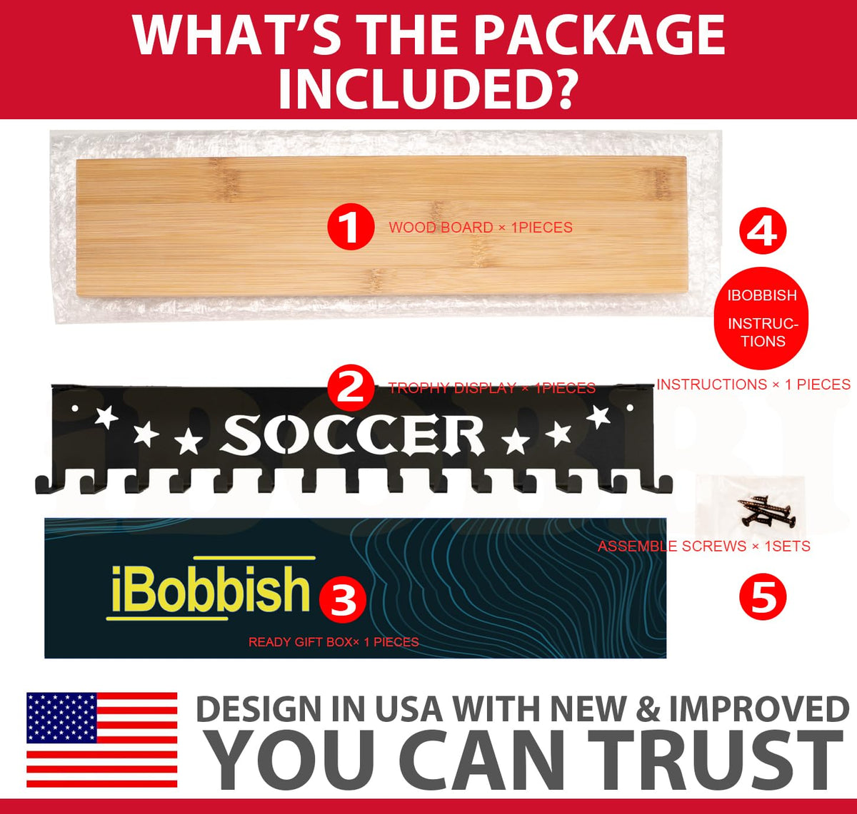 iBobbish Soccer Trophy Shelf for Wall, Soccer Medal Hanger Display with Shelf