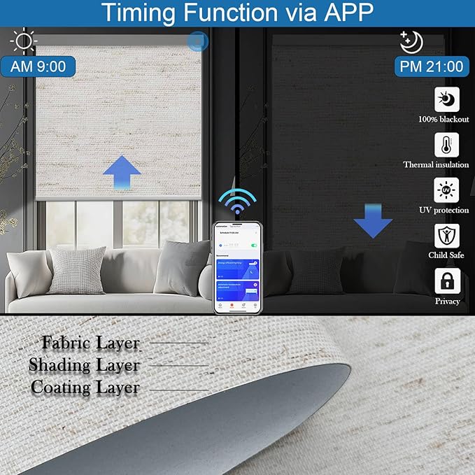 COOLWINDS Motorized Blinds with Remote Cordless Automatic Motorized Shades Custom Blinds for Indoor Windows Smart Curtains with Alexa Google Home(Blackout Linen Sandy Beach,W38 x H72in)