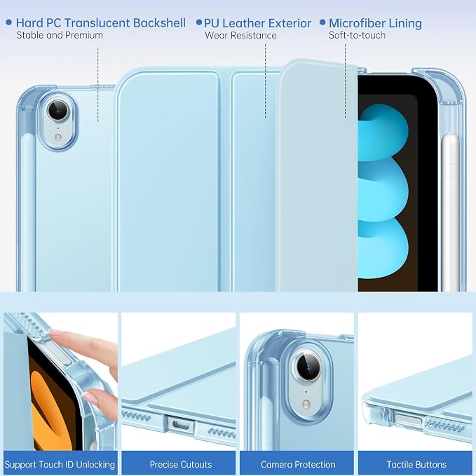 MoKo for iPad mini A17 Pro Case 8.3 Inch 2024 iPad mini 7th/6th Case 2021 | For iPad Mini Case with Pencil Holder Light Trifold Smart Protective Cover with Hard PC Translucent Back Shell Agave Gree