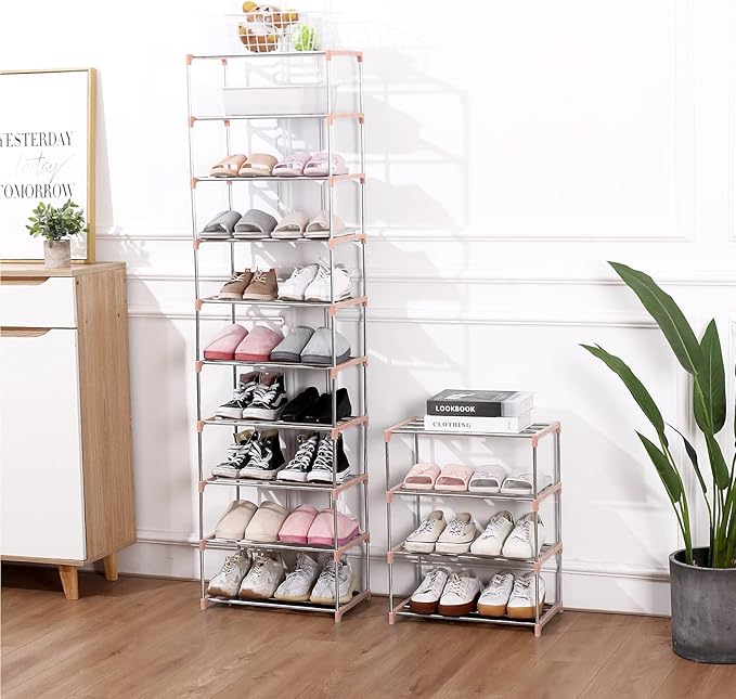 Stackable Small Shoe Rack, Entryway, Hallway and Closet Space Saving Storage and Organization (4-Tier, Pink)