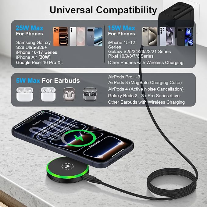 25W Magnetic Wireless Charger for Samsung Galaxy S26 Ultra/S26 Plus/S25/S24/S23/S22/S21/S20 Plus/Magnetic MagSafe Fast Charging Pad for iPhone 17 Pro Max/17e/16/15/14/13/12 Series/AirPods 4/3/2/Pro