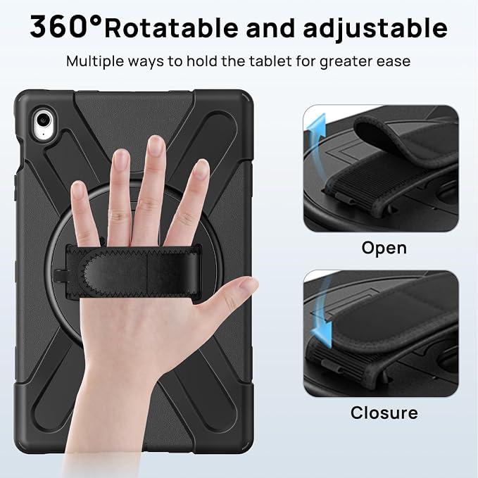 Gerutek Case for Samsung Galaxy Tab S10 FE+/ S10 FE Plus 2025 13.1 Inch Full-Body Drop Protective Case with Screen Protector Pen Holder 360° Rotate Hand Strap &amp StandShoulder Strap Black