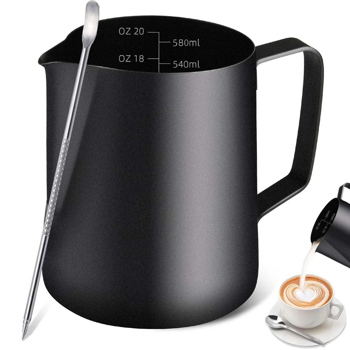 Milk Frothing Pitcher, 12OZ/350ML Stainless Steel Espresso Steaming Pitcher Coffee Milk Frother Cup with Decorating Art Pen for Espresso Machine, Milk Frother, Latte Art Black