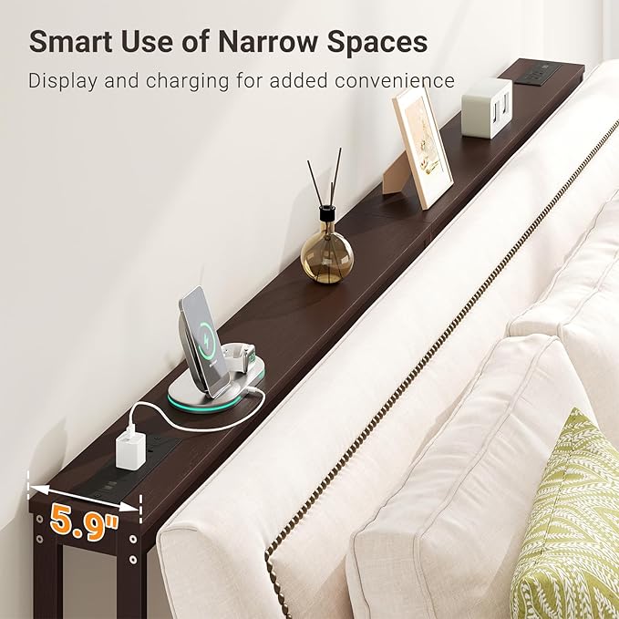 ELYKEN 2 Pack 5.9" Narrow Console Sofa Table with Power Outlets, 5.9" Dx39.4 Wx31.1 H Bamboo Behind Couch Table with Charge Station, Brown