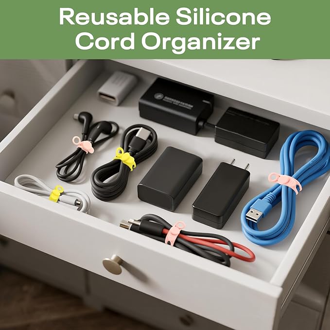 CozyNestMo Silicone Cable Ties Reusable, Elastic Wire Organizer Ties, for Charging Cables, Electrical Cords, Computer Wires, USB Data Cable Management, Cord Organizer (6 Colors, 3 Sizes)
