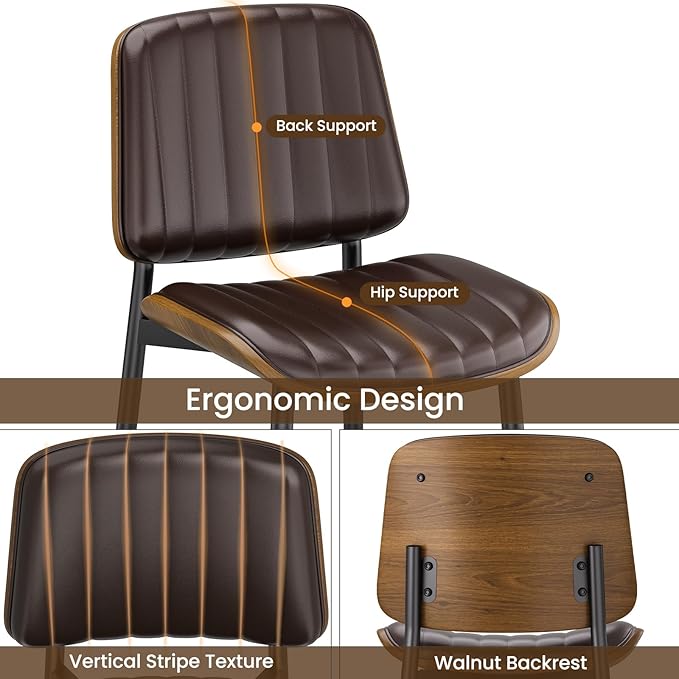 Dining Chairs Set of 8, Mid Century Modern Dining Room Kitchen Chairs, Upholstered PU Leather Vertical Stripe Chairs for Vanity with Walnut Bentwood and Metal Legs, Brown