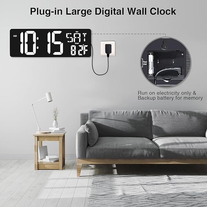 XREXS Large Digital Wall Clock with Remote Control, 17.2 Inch LED Large Display Count Up & Down Timer, Adjustable Brightness Plug-in Alarm Clock with Day/Date/Temperature for Living Room, Office, Gym