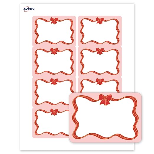 Avery Printable Christmas Adhesive Name Badges, Rectangle, 2-1/3" x 3-3/8", Pre-Printed Pink Border with Red & Gold Bow Design, Matte White, Laser & Inkjet Compatible, 80 Total