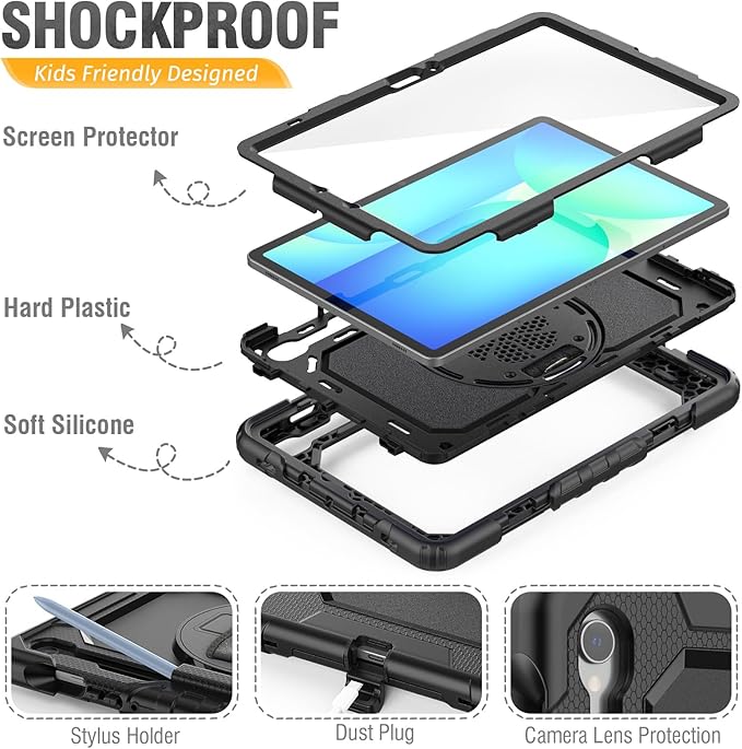 HXCASEAC Case for Galaxy Tab S10 FE / S9 FE 5G 10.9 inch, Shockproof Design with Screen Protector, 360° Hand Strap Stand, S Pen Holder, Heavy Duty Protective Samsung S9 FE / S10 FE Tablet Case, Black