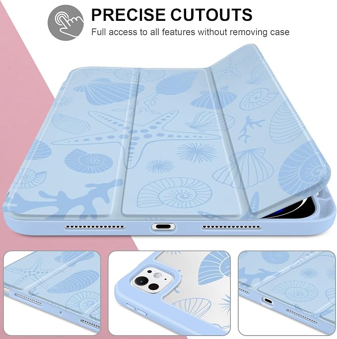 Case for iPad Pro 11 inch M5 2025 /M4 2024 Blue Ribbon Stripe | Blue Ribbon Stripe Folio Case with Clear Back Pencil Holder Trifold Stand and Auto Sleep/Wake for Preppy Aesthetic Users