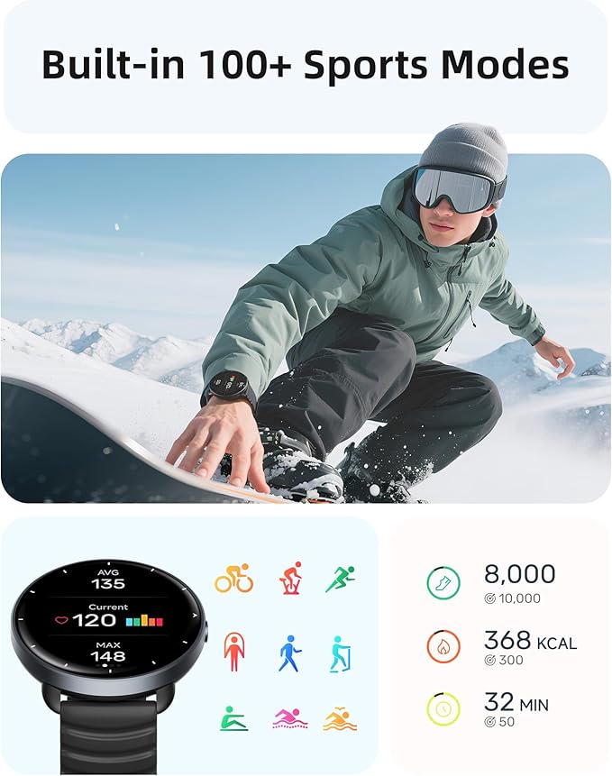 Parsonver Smart Watch for Swimming, 5ATM Waterproof Watch for Pool & Open Water, AI Swim Analysis, Built-in GPS & Compass, AMOLED Fitness Trackers 100+ Sports Modes, Heart Rate & Sleep Monitor, Black