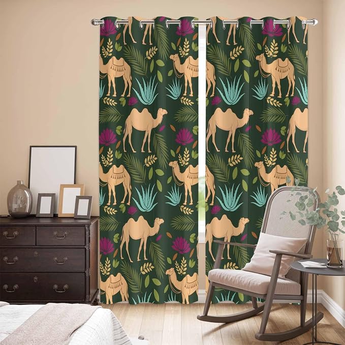 2 Panel Kitchen Cafe Curtains, Retro Desert Camel Sunlight Filtering Nature Air